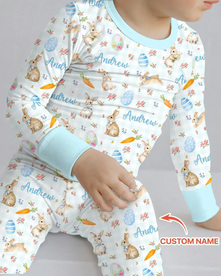 Custom Name Bunny Garden Bamboo Two Piece Long Sleeve Pajama Set