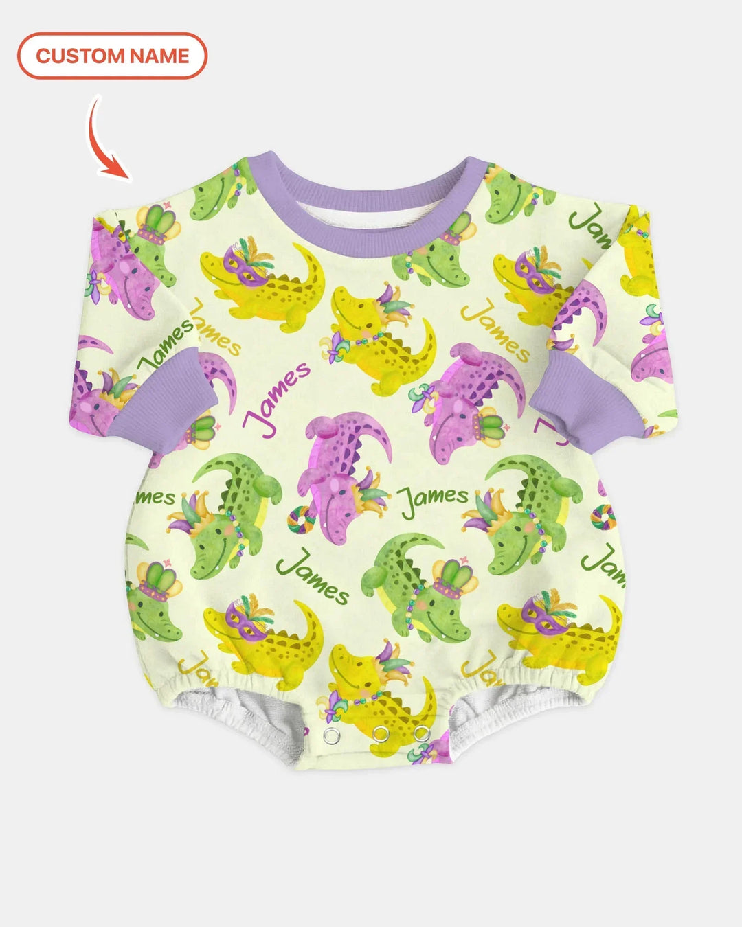 Custom Name Mardi Gras Alligator Bamboo Bubble Romper