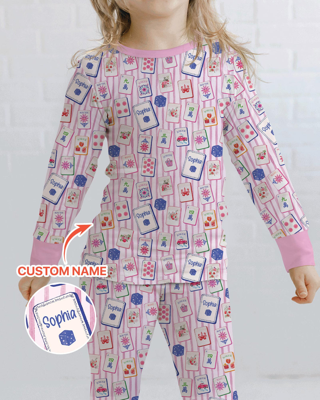 Coastal Mahjong Custom Name Mommy & Me Matching Bamboo Two Piece Long Sleeve Pajama Set