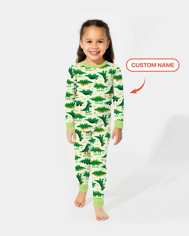 Custom Name St. Patrick's Day Dinosaurs Bamboo Two Piece Long Sleeve Pajama Set