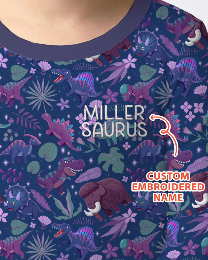 Custom Name Embroidered Dino Dream Night Bamboo Two Piece Long Sleeve Pajama Set