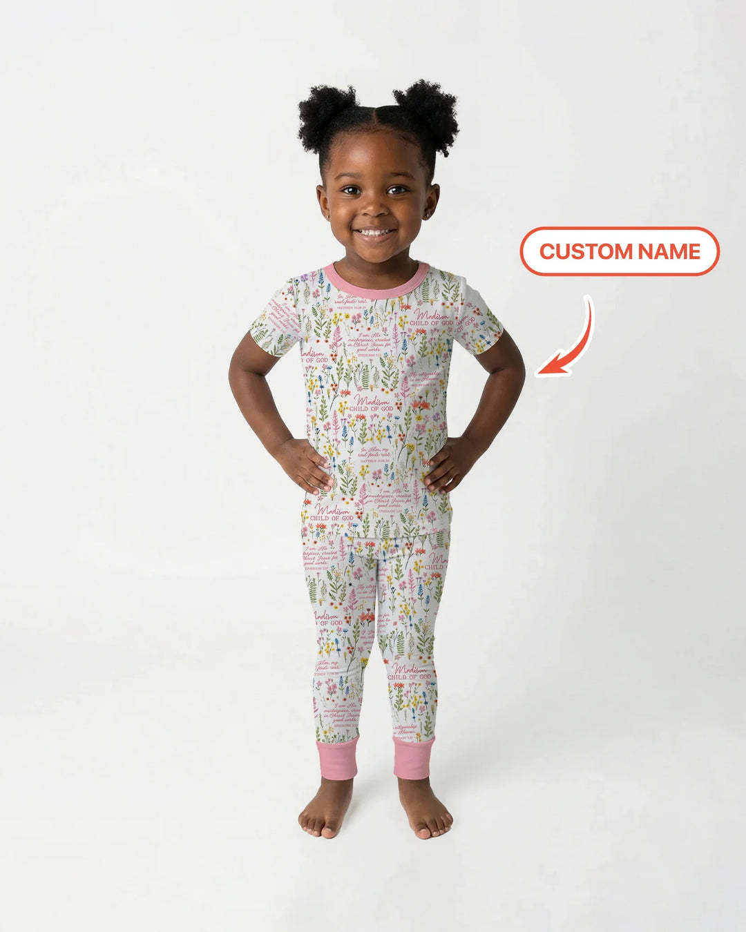 Custom Name Child of God Flower Garden Bamboo Two Piece Short Sleeve Pajama Set