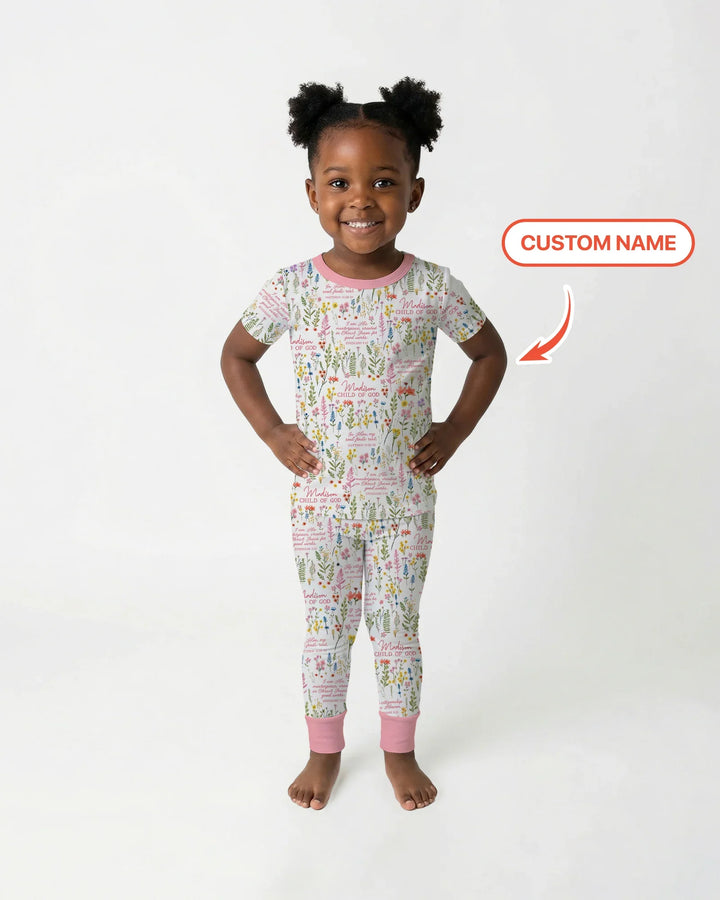 Custom Name Child of God Flower Garden Bamboo Two Piece Short Sleeve Pajama Set