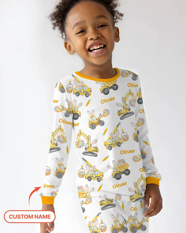 Custom name Eggs-cavator Construction Bamboo Two Piece Long Sleeve Pajama Set