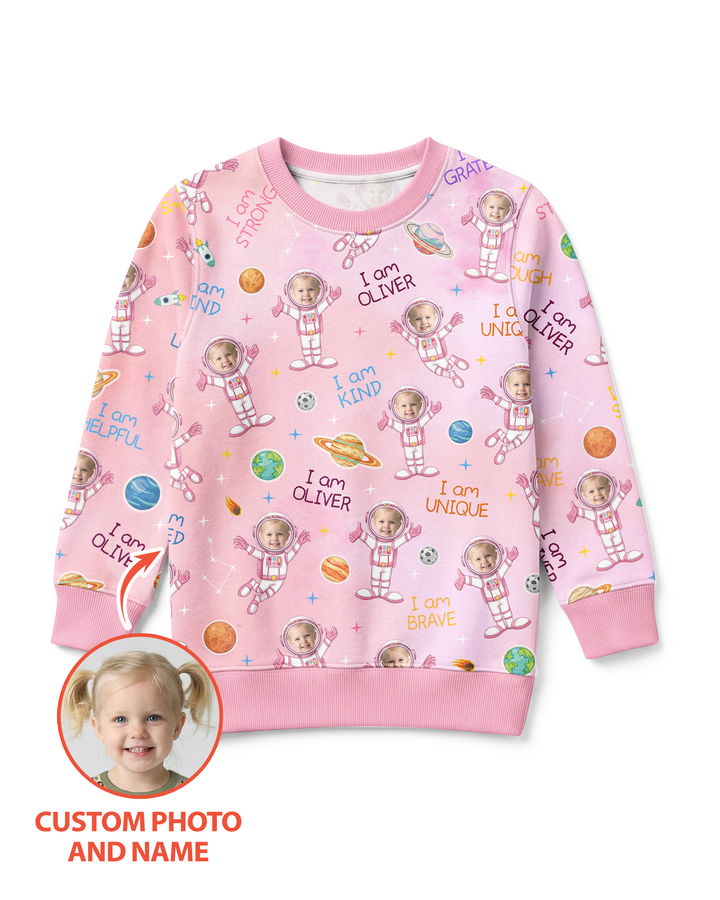 Custom Photo Kid Affirmations I Am Kind Astronaut Bamboo Crewneck Sweatshirt