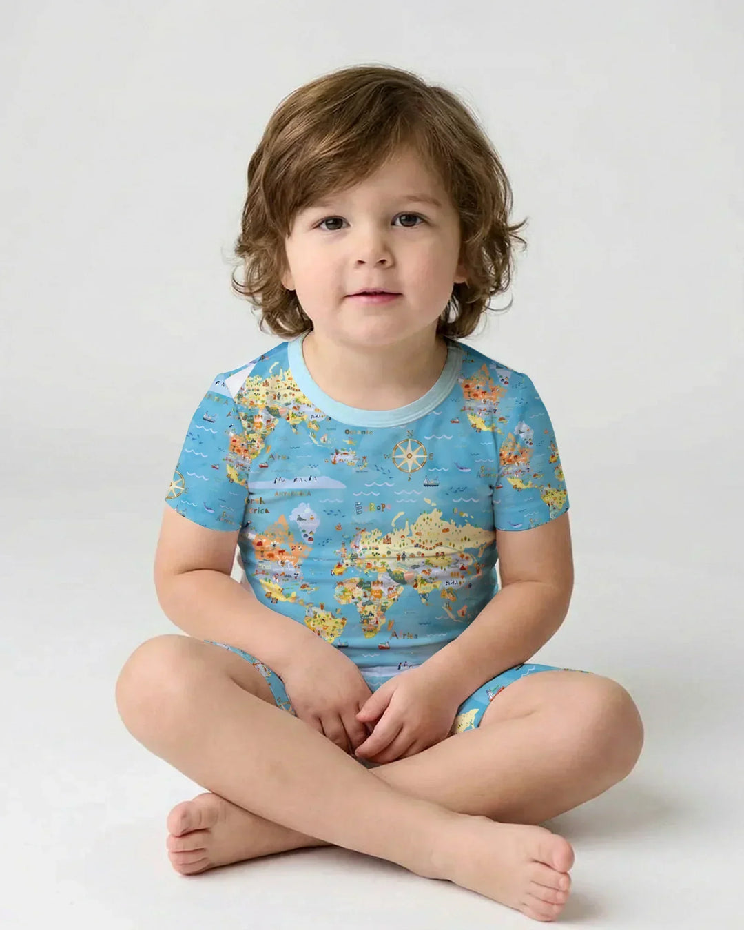 Whimsical World Map Family Matching Bamboo Two Piece Short Sleeve Shorts Pajama Set