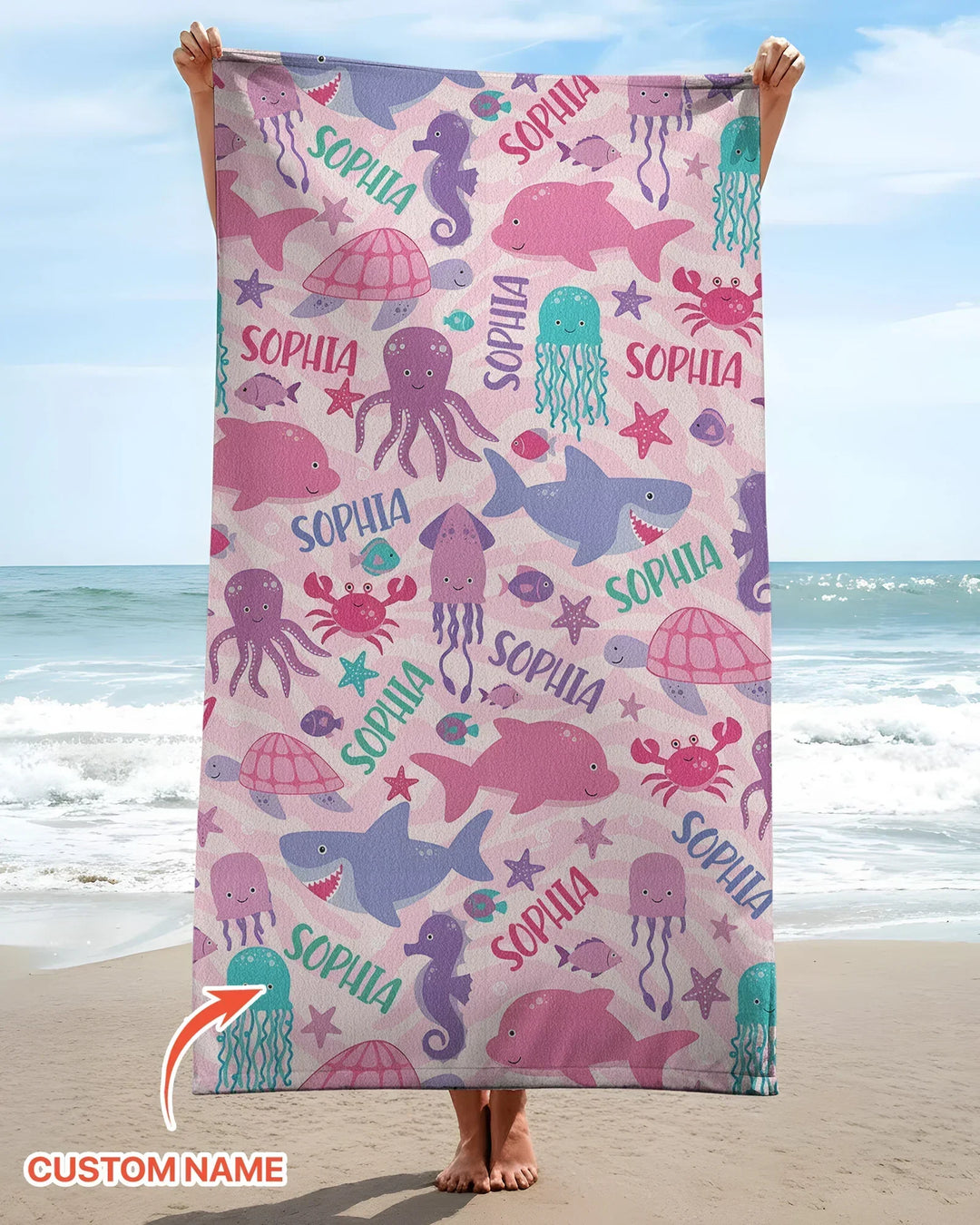 Custom Name Sea Life Kid Bamboo Beach Towel