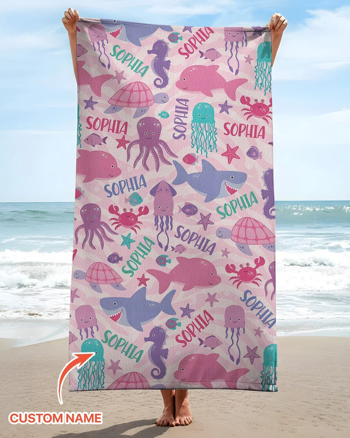 Custom Name Sea Life Kid Bamboo Beach Towel
