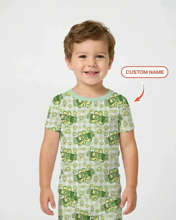 Lucky Shamrock Custom Name Bamboo Two Piece Short Sleeve Pajama Set