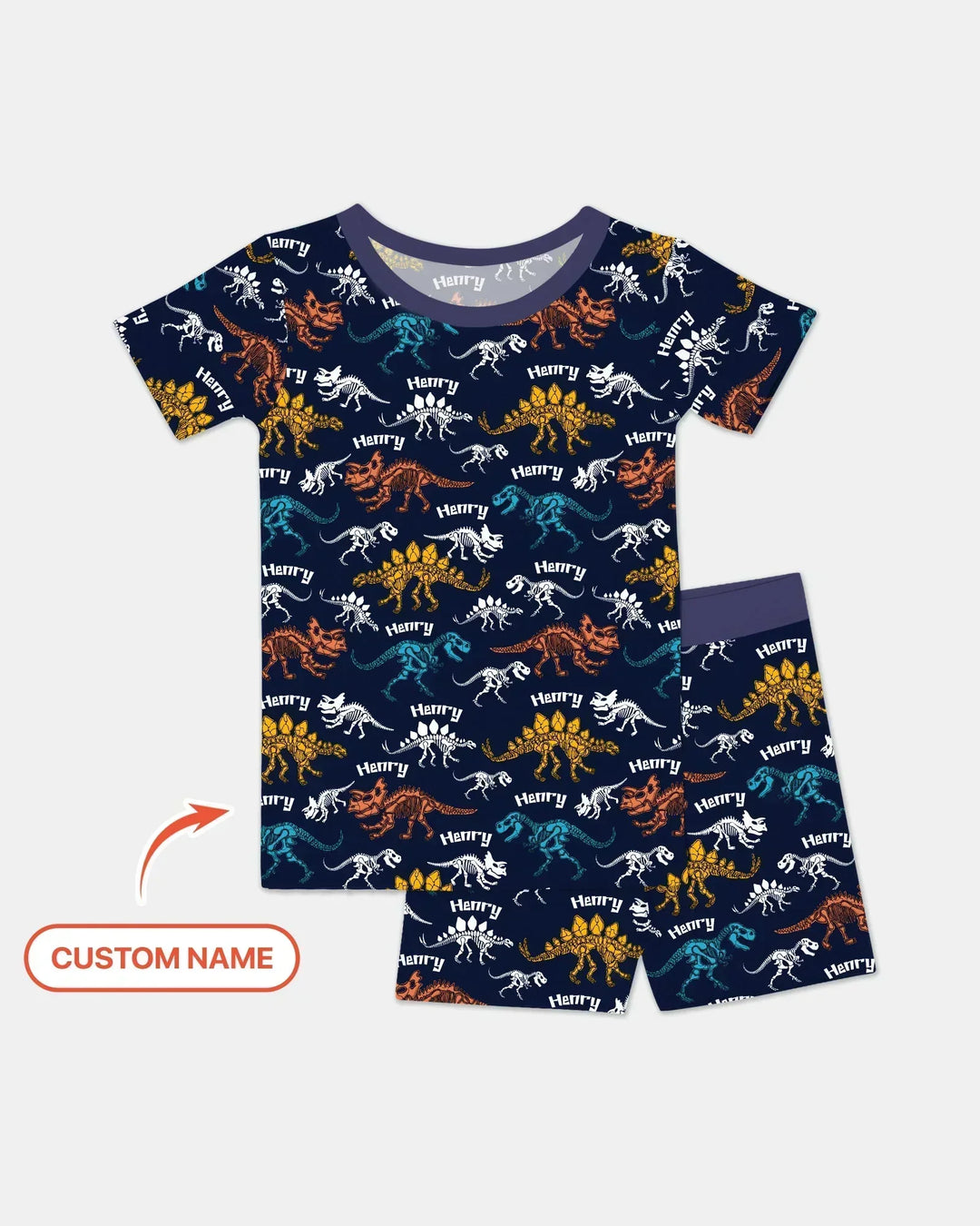 Dino Bones Parade Custom Name Bamboo Two Piece Short Sleeve Shorts Pajama Set