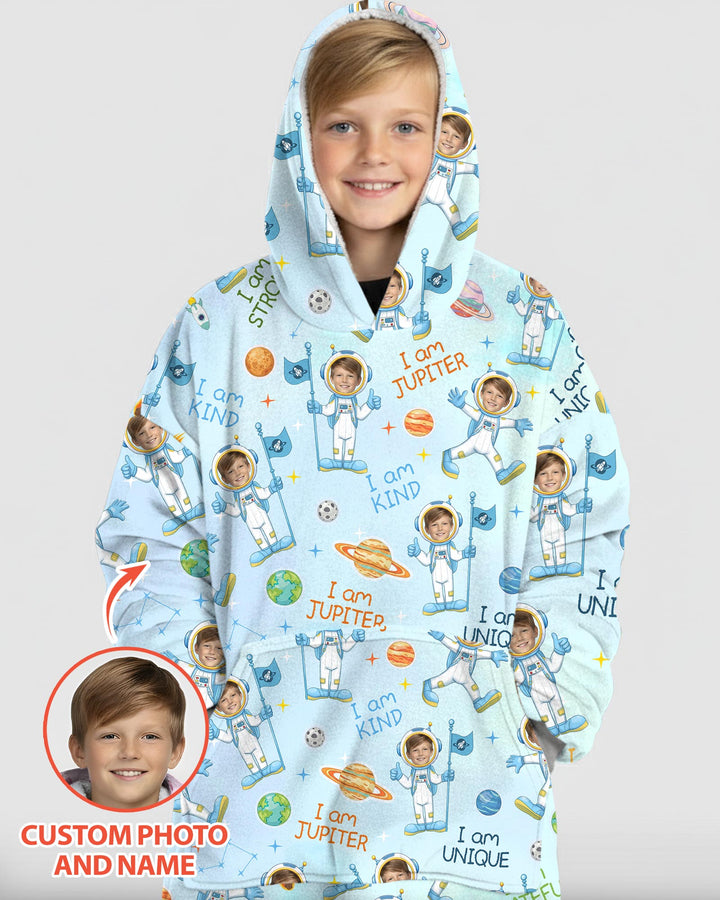 Custom Photo Kid Affirmations I Am Kind Astronaut Bamboo Blanket Hoodie