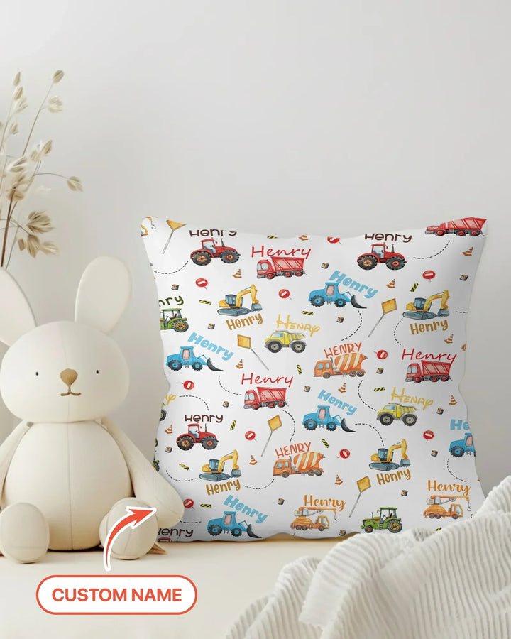 Construction Vehicles Custom Name Bamboo Pillow Case