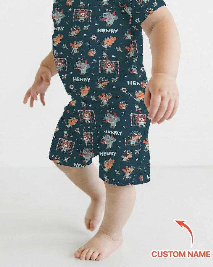 Space Soccer Bamboo Two Piece Short Sleeve Shorts Pajama Set