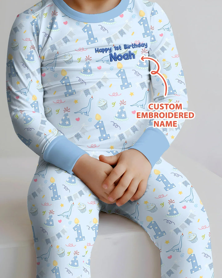 Personalized 1st Birthday Boy Embroidered Baby Bamboo Two Piece Long Sleeve Pajama Set