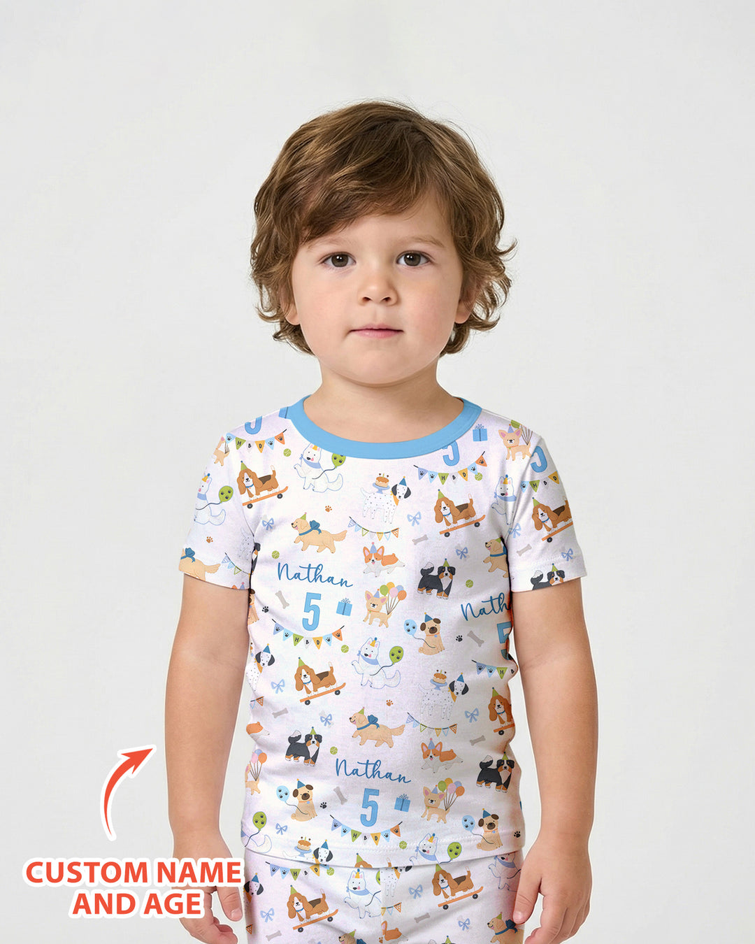Custom Name Birthday Dogs Party Bamboo Two Piece Short Sleeve Shorts Pajama Set