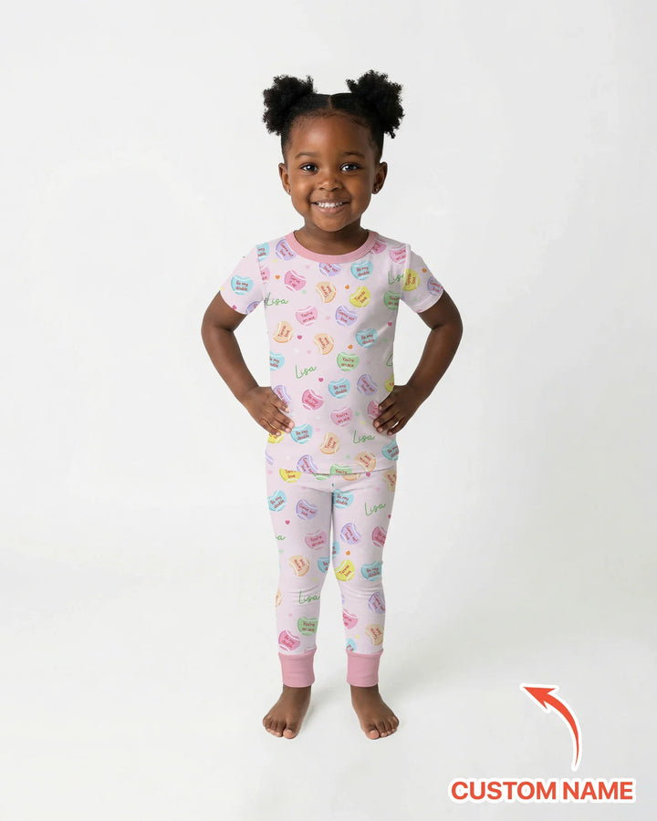 Custom Name Tennis Candy Hearts Bamboo Two Piece Short Sleeve Pajama Set