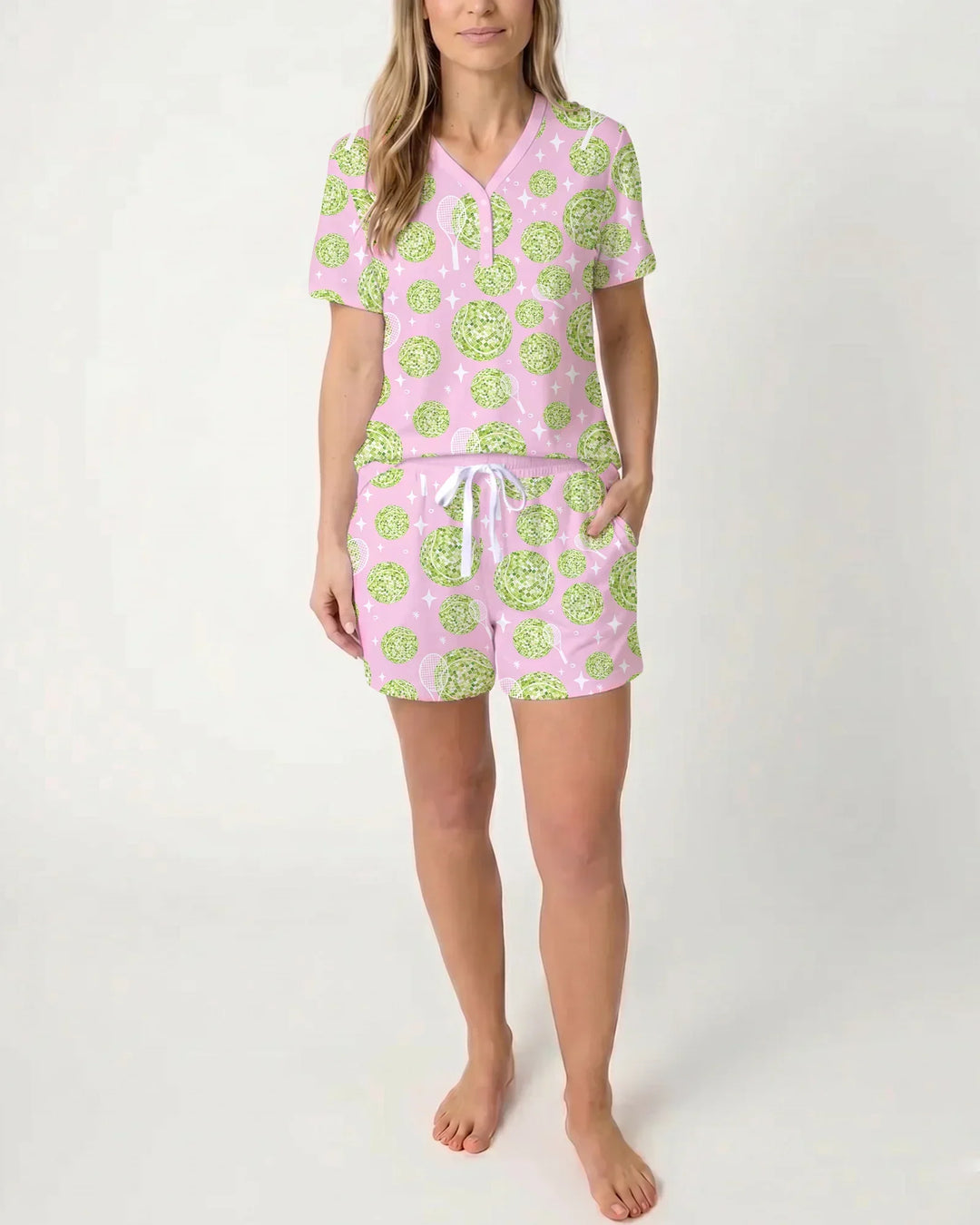 Tennis Disco Girl Party Matching Women Short Sleeve Short Pajama Set