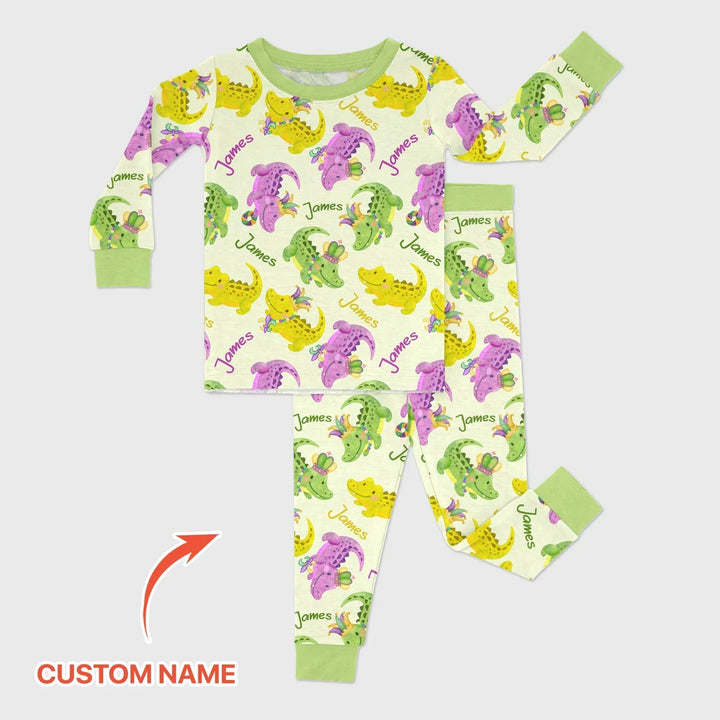 Custom Name Mardi Gras Alligator Bamboo Two Piece Long Sleeve Pajama Set