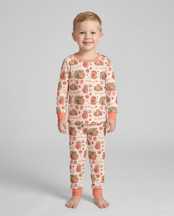 Custom Name Capybara Strawberry Bamboo Two Piece Long Sleeve Pajama Set