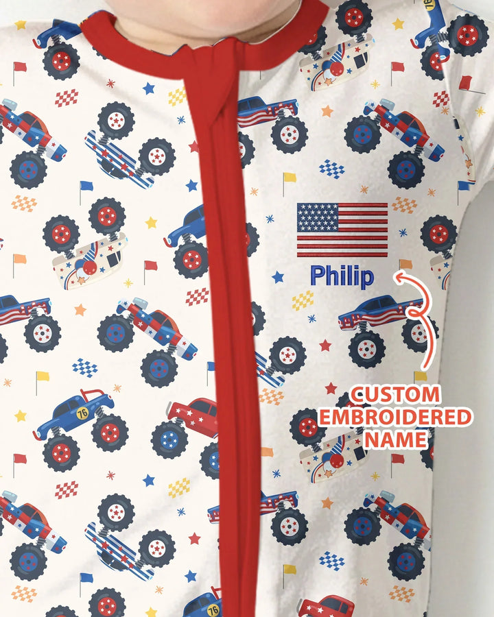 Custom Name Embroidered Red White & Truck Bamboo Convertible Zippy