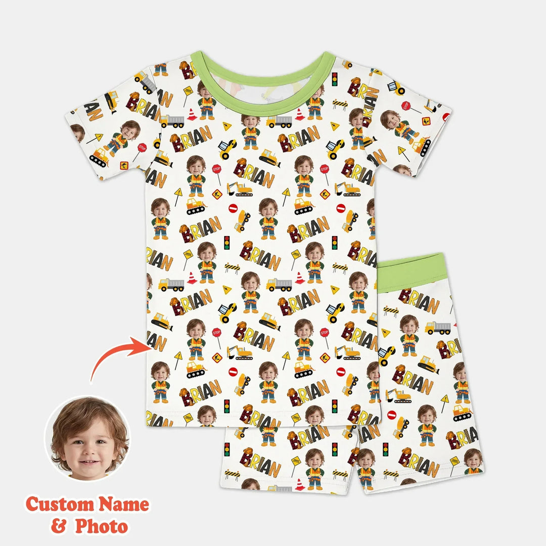 Custom Photo Doodle Little Builder Bamboo Two Piece Short Sleeve Shorts Pajama Set