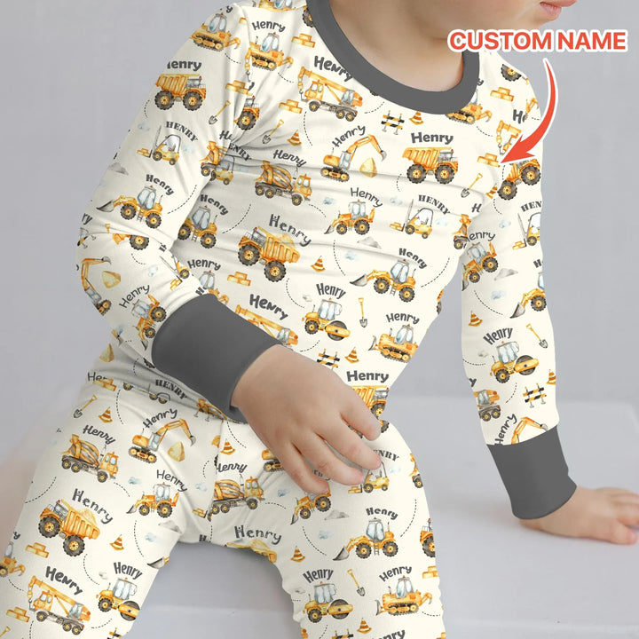 Constructions Machines Custom Name Bamboo Two Piece Long Sleeve Pajama Set