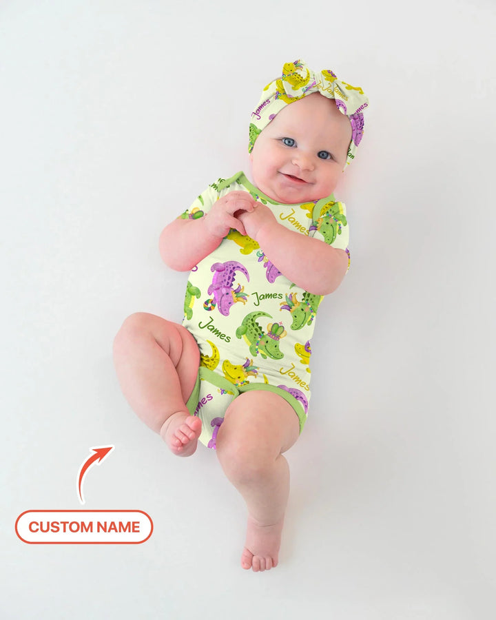 Custom Name Mardi Gras Alligator Bamboo Bodysuit