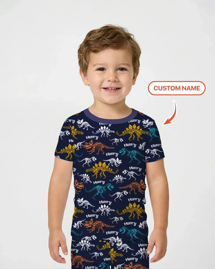 Dino Bones Parade Custom Name Bamboo Two Piece Short Sleeve Pajama Set