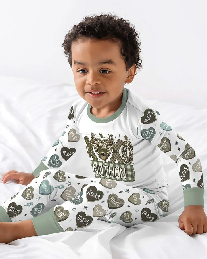 Personalized Hunting Sweethearts Candy Daddy & Me Matching Bamboo Two Piece Long Sleeve Pajama Set