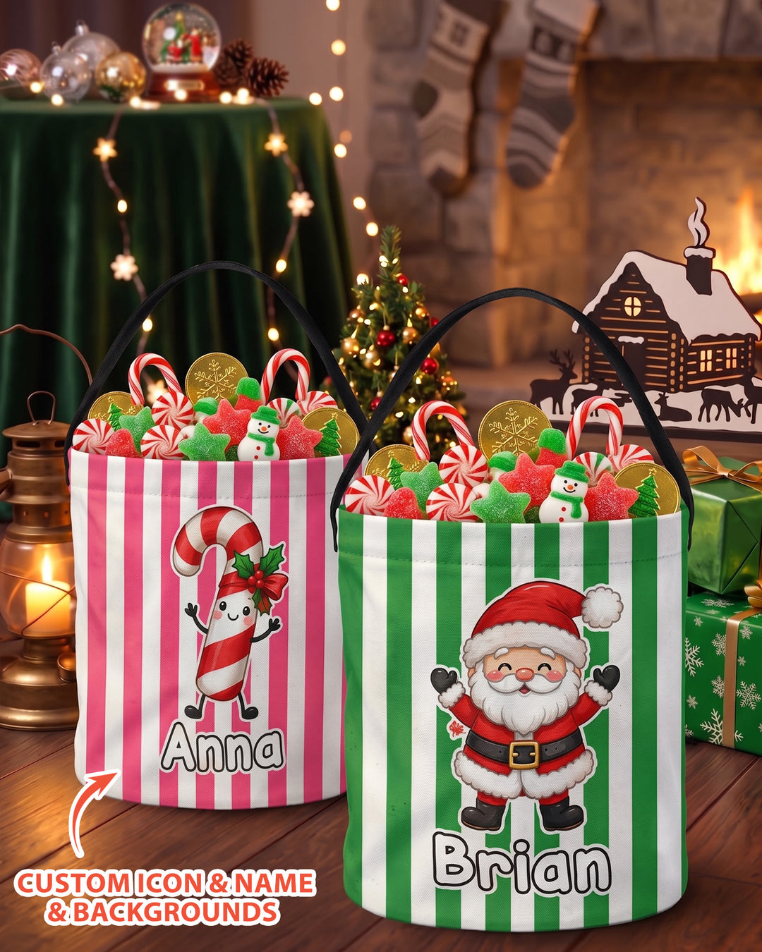 Persnalized Christmas Striped Festive Holiday Characters Led Light Bucket Bag