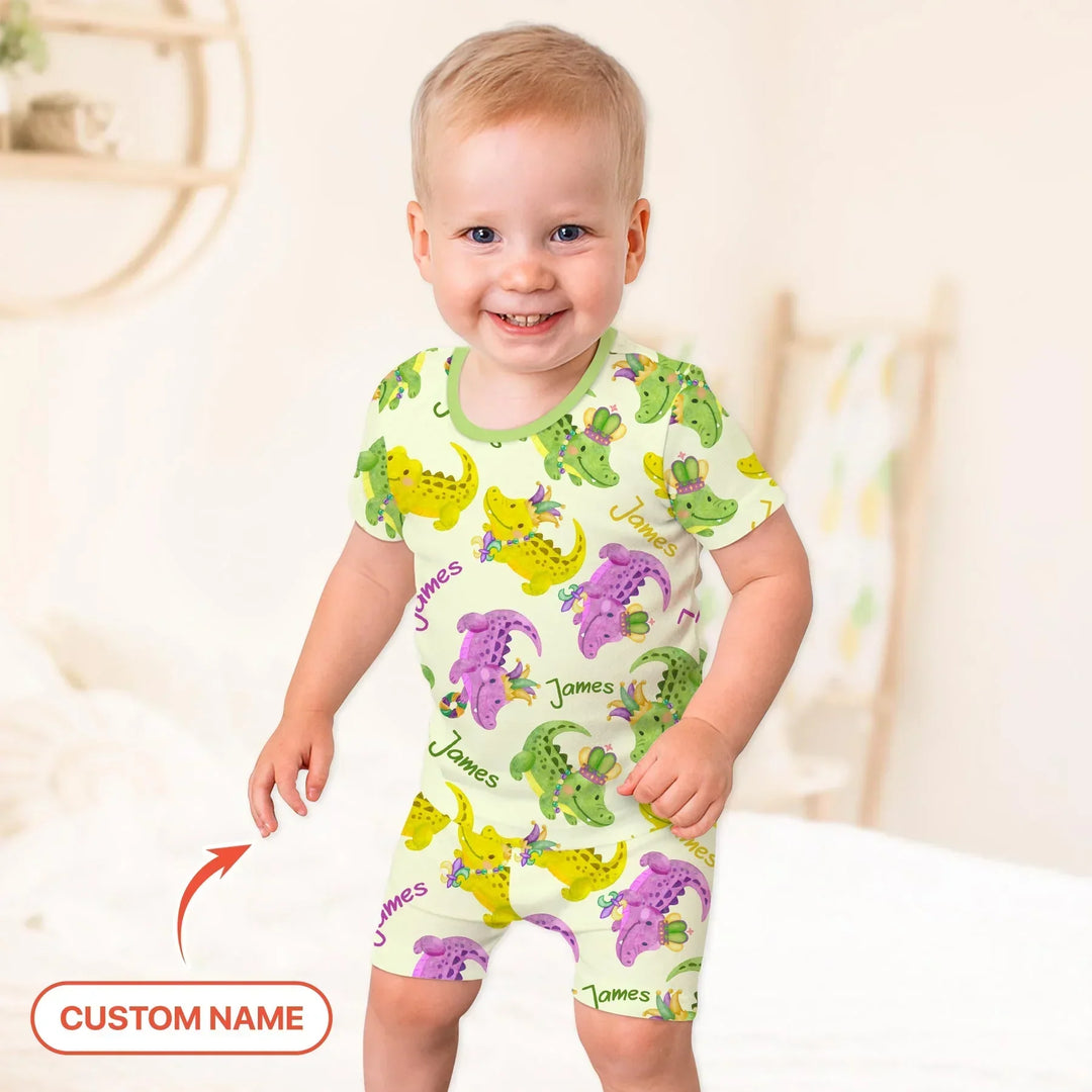 Custom Name Mardi Gras Alligator Bamboo Two Piece Short Sleeve Shorts Pajama Set