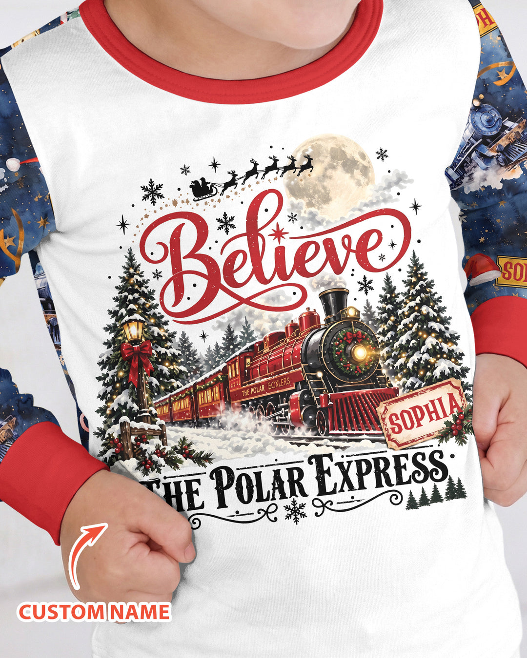 Believe North Pole Train Custom Name  Bamboo Two Piece Long Sleeve Pajama Set