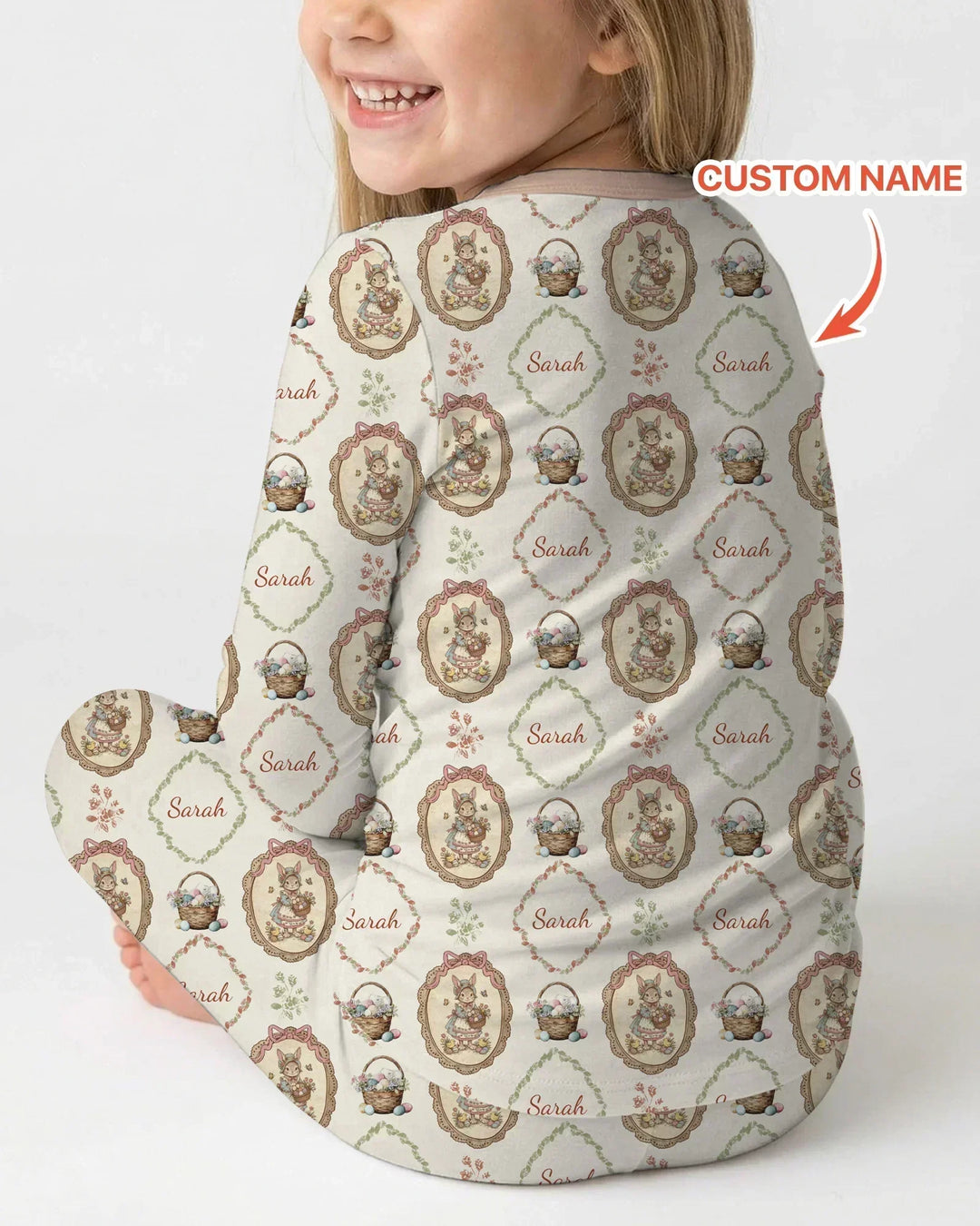 Vintage Bunny Easter Custom Name Mommy & Me Matching Bamboo Two Piece Long Sleeve Pajama Set