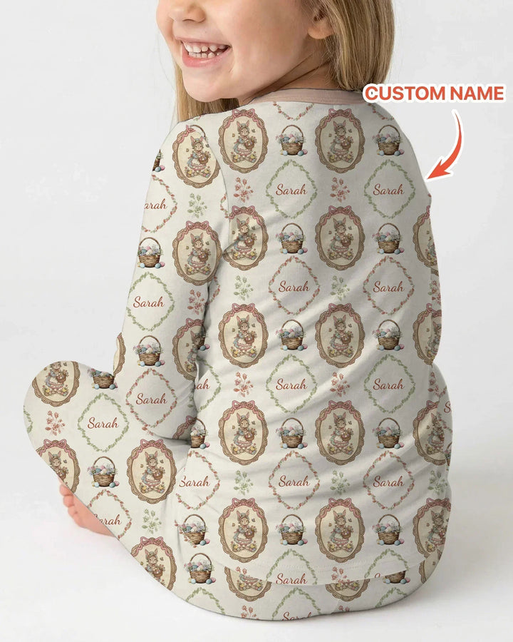 Vintage Bunny Easter Custom Name Mommy & Me Matching Bamboo Two Piece Long Sleeve Pajama Set