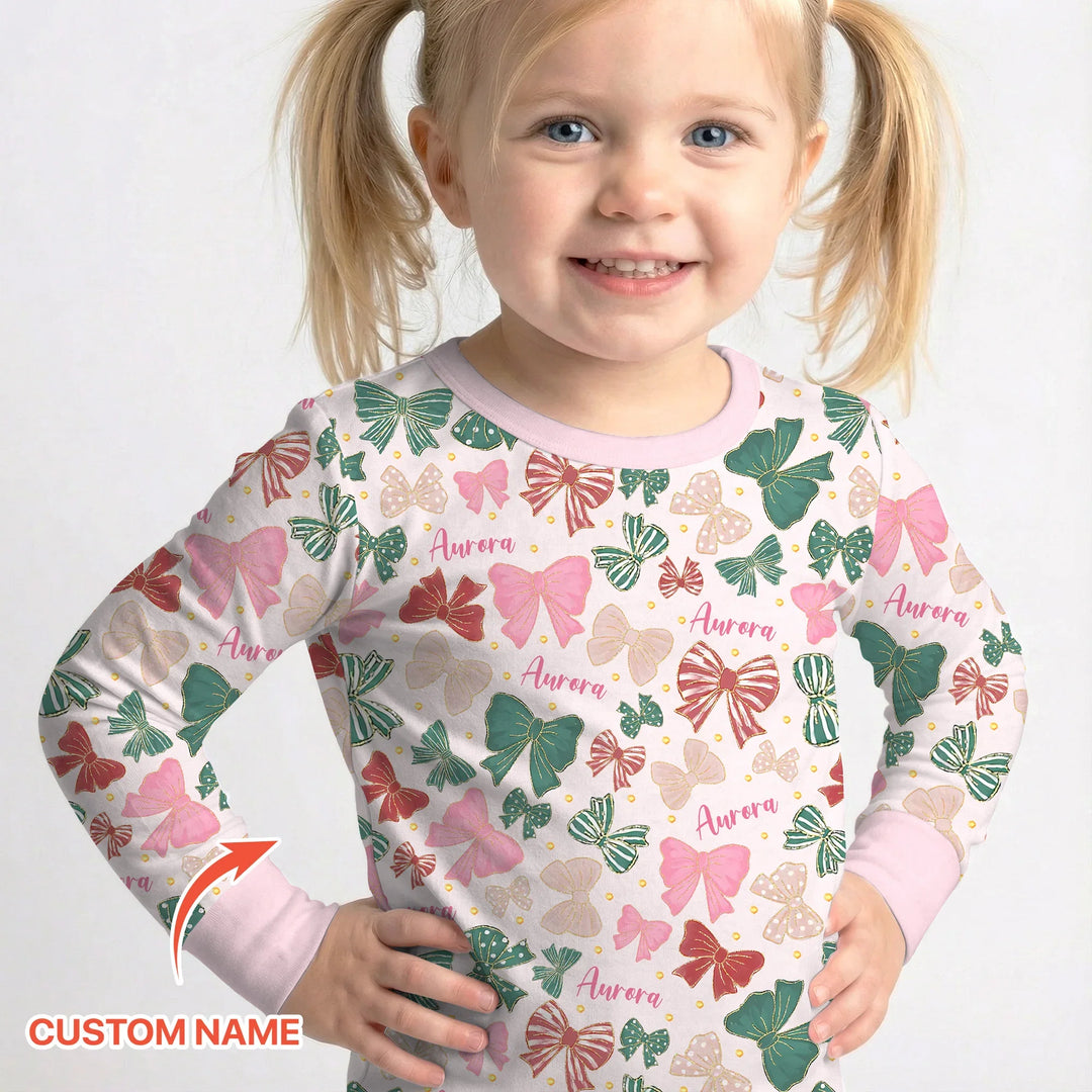 Custom Name Preppy Coquette Bows Bamboo Two Piece Long Sleeve Pajama Set