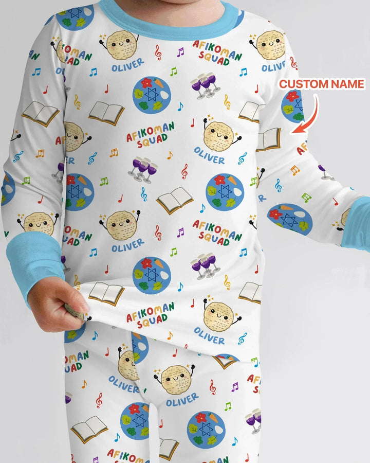 Custom Name Passover Afikoman Squad Bamboo Two Piece Long Sleeve Pajama Set