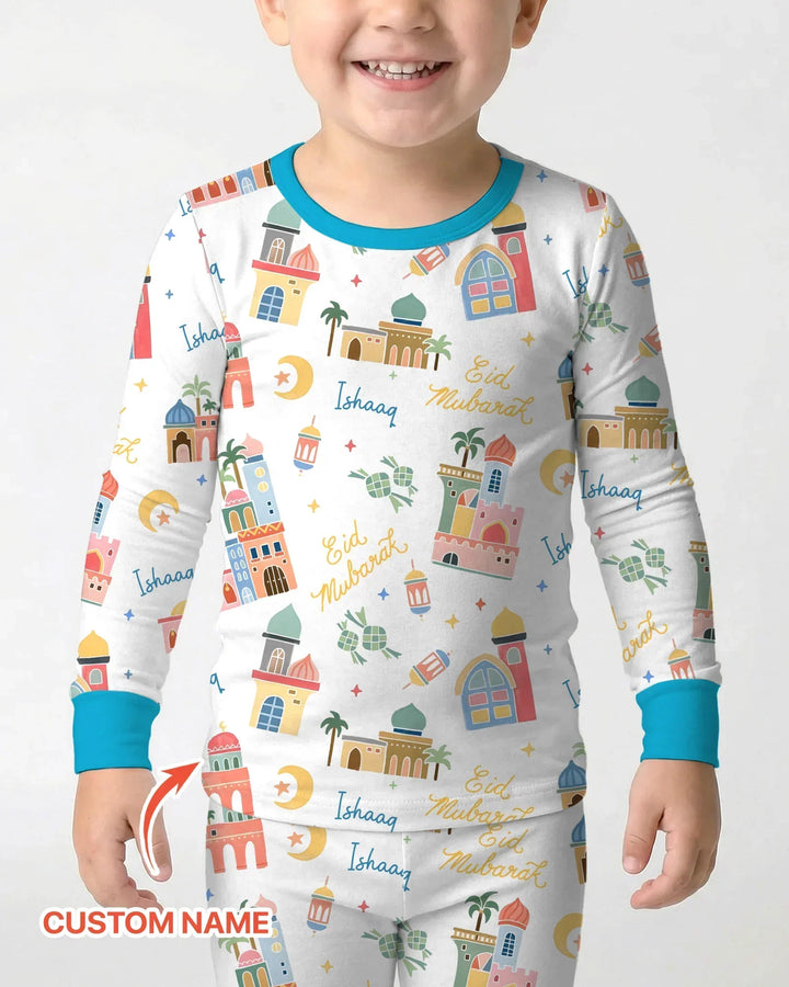 Eid Mubarak Custom Name Bamboo Two Piece Long Sleeve Pajama Set