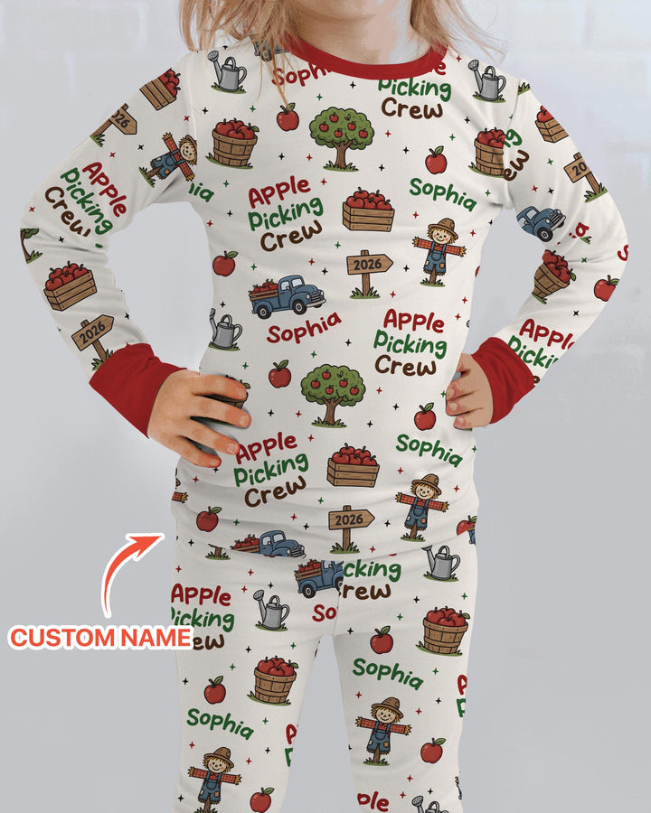 Custom Name Apple Picking Crew Bamboo Two Piece Long Sleeve Pajama Set