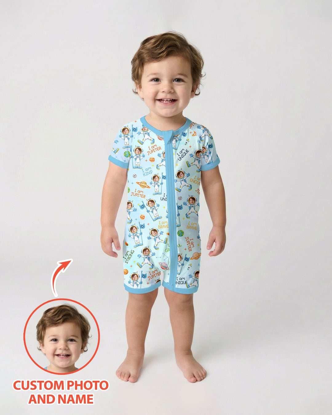 Custom Photo Kid Affirmations I Am Kind Astronaut Bamboo Shorty Zippy
