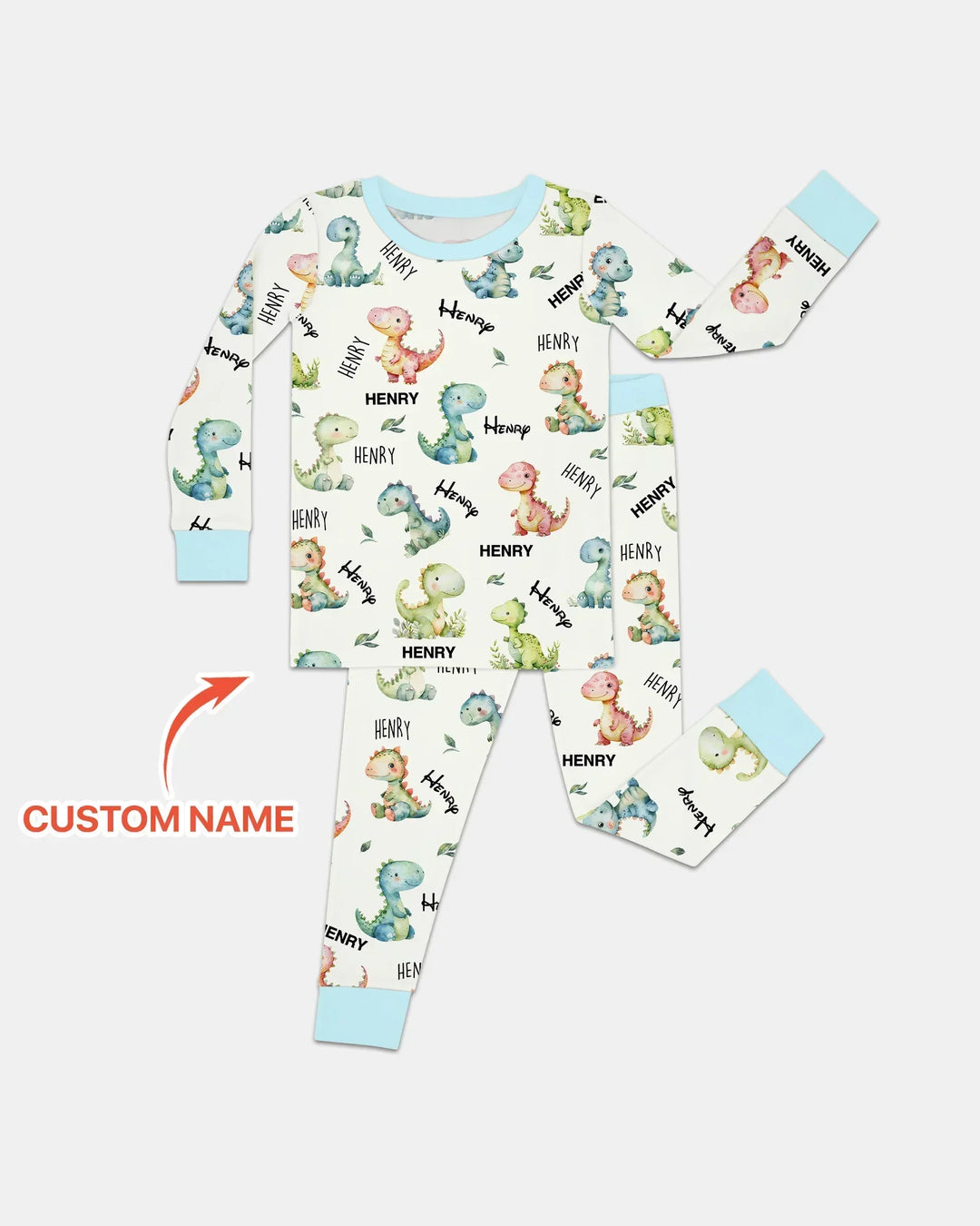 Dinosaur Custom Name Bamboo Two Piece Long Sleeve Pajama Set