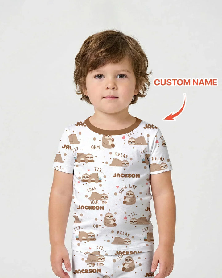 Custom Name Cute Sloth Bamboo Two Piece Short Sleeve Shorts Pajama Set