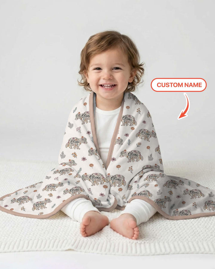 Custom Name Floral Bear Family Matching Bamboo Blanket