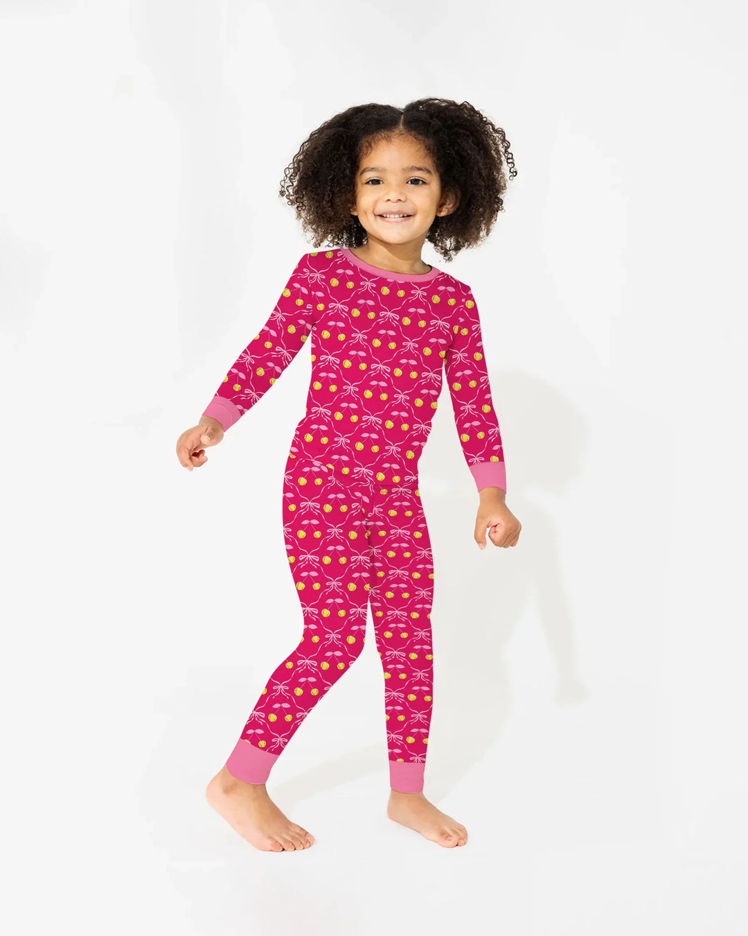 Cherry Baseball Softball Mom and Girl Matching Bamboo Two Piece Long Sleeve Pajama Set