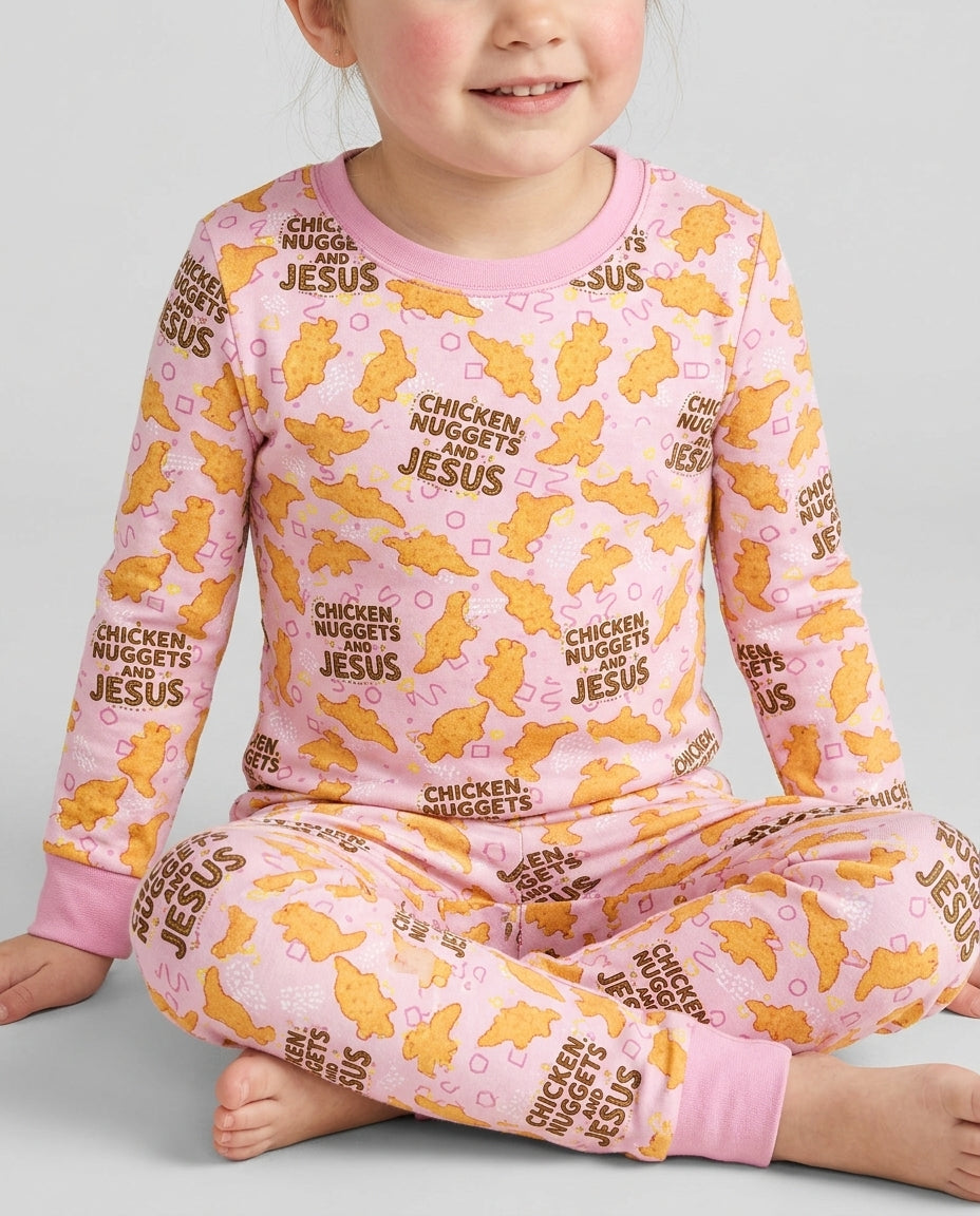 Chicken Nuggets and Jesus Family Matching Bamboo Two Piece Long Sleeve Pajama Set