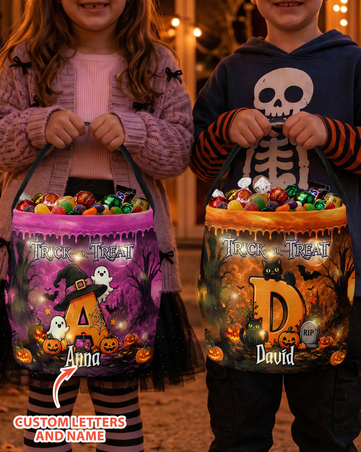 Halloween Initials Spooky Ghost Trick Or Treat Led Light Bucket Bag