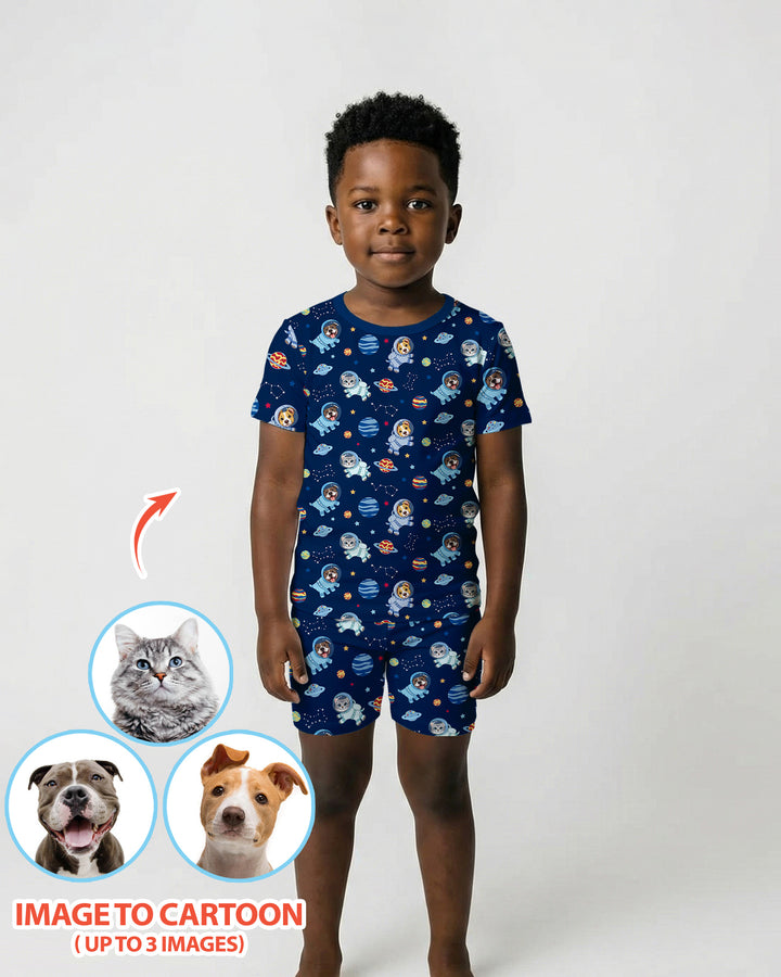 Astronaut Custom Pet Image Family Matching Bamboo Two Piece Short Sleeve Shorts Pajama Set