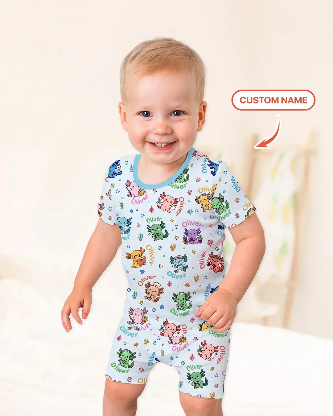 Custom Name Cute Hobby Axolotl Bamboo Two Piece Short Sleeve Shorts Pajama Set
