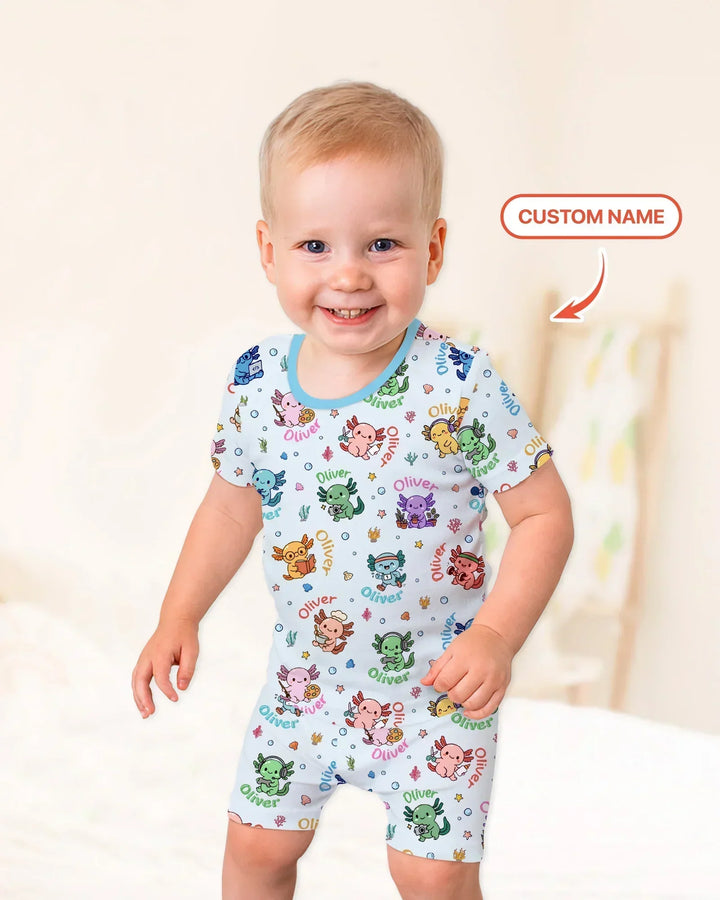 Custom Name Cute Hobby Axolotl Bamboo Two Piece Short Sleeve Shorts Pajama Set