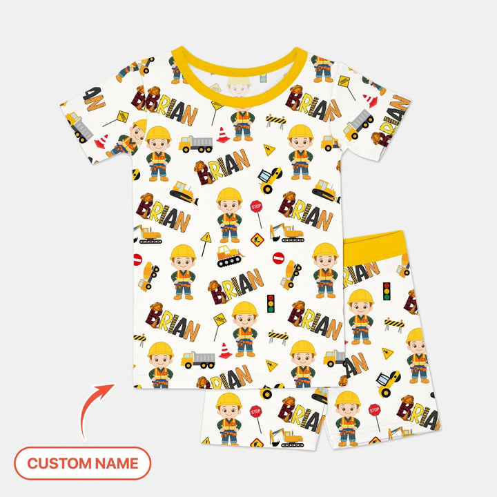 Custom Name Doodle Little Builder Bamboo Two Piece Short Sleeve Shorts Pajama Set