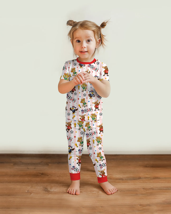 Striped Cute Mascots Soccer Cup 2026 Bamboo Two Piece Short Sleeve Pajama Set